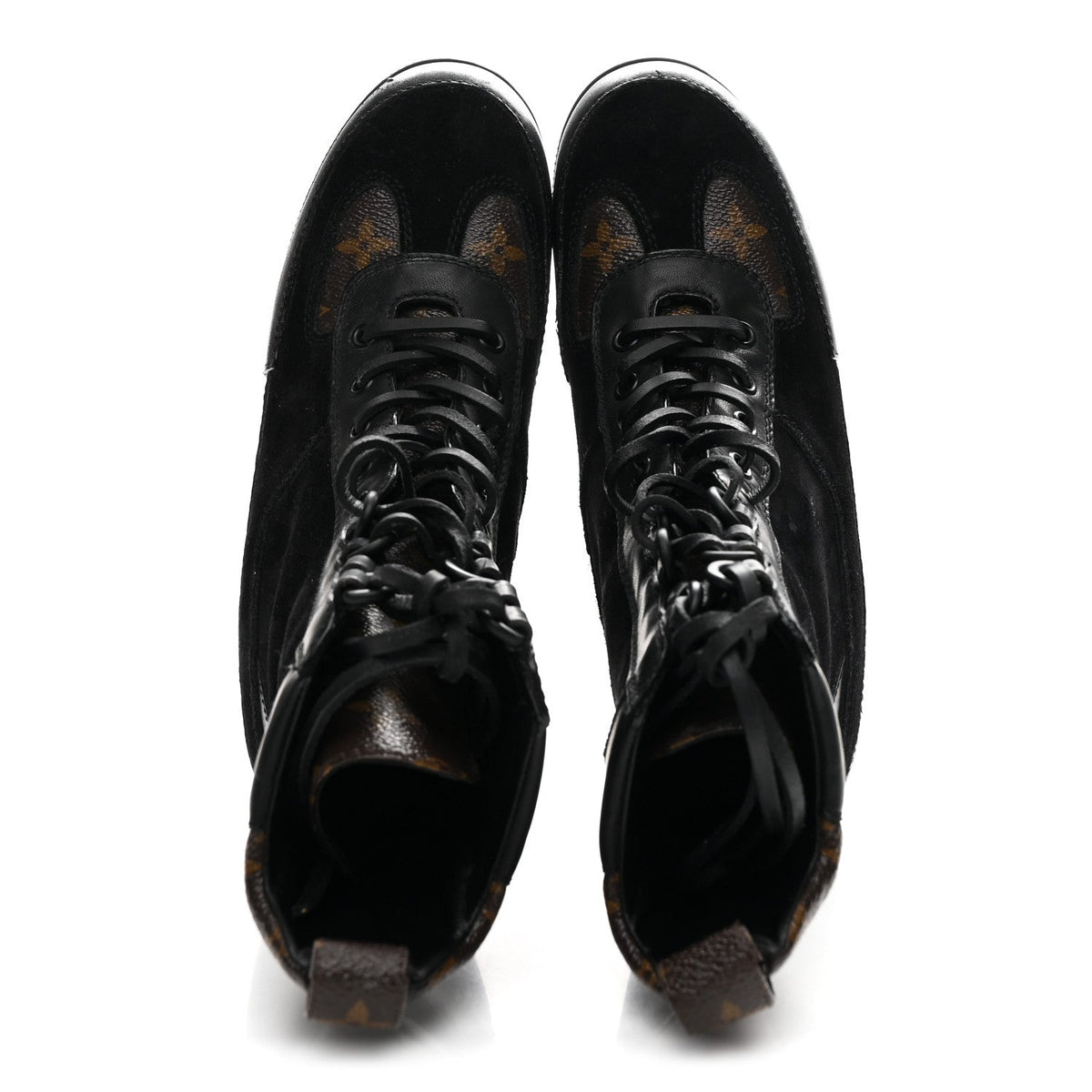 LOUIS VUITTON SUEDE CALFSKIN MONOGRAM LAUREATE PLATFORM DESERT BOOT BLACK WITH LV HEART PATCHES