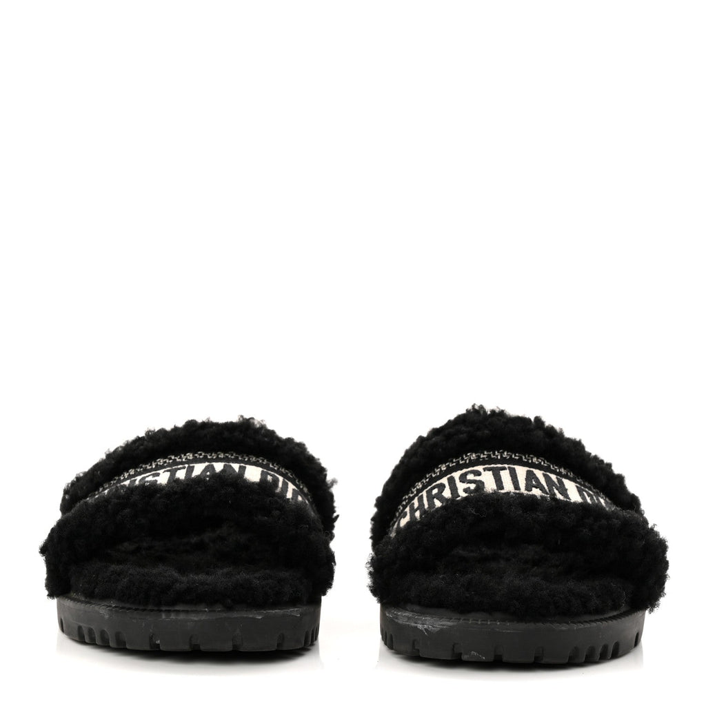 SHEARLING CANVAS LUREX EMBROIDERED DWAY 10MM SLIDE SANDALS BLACK NATURAL