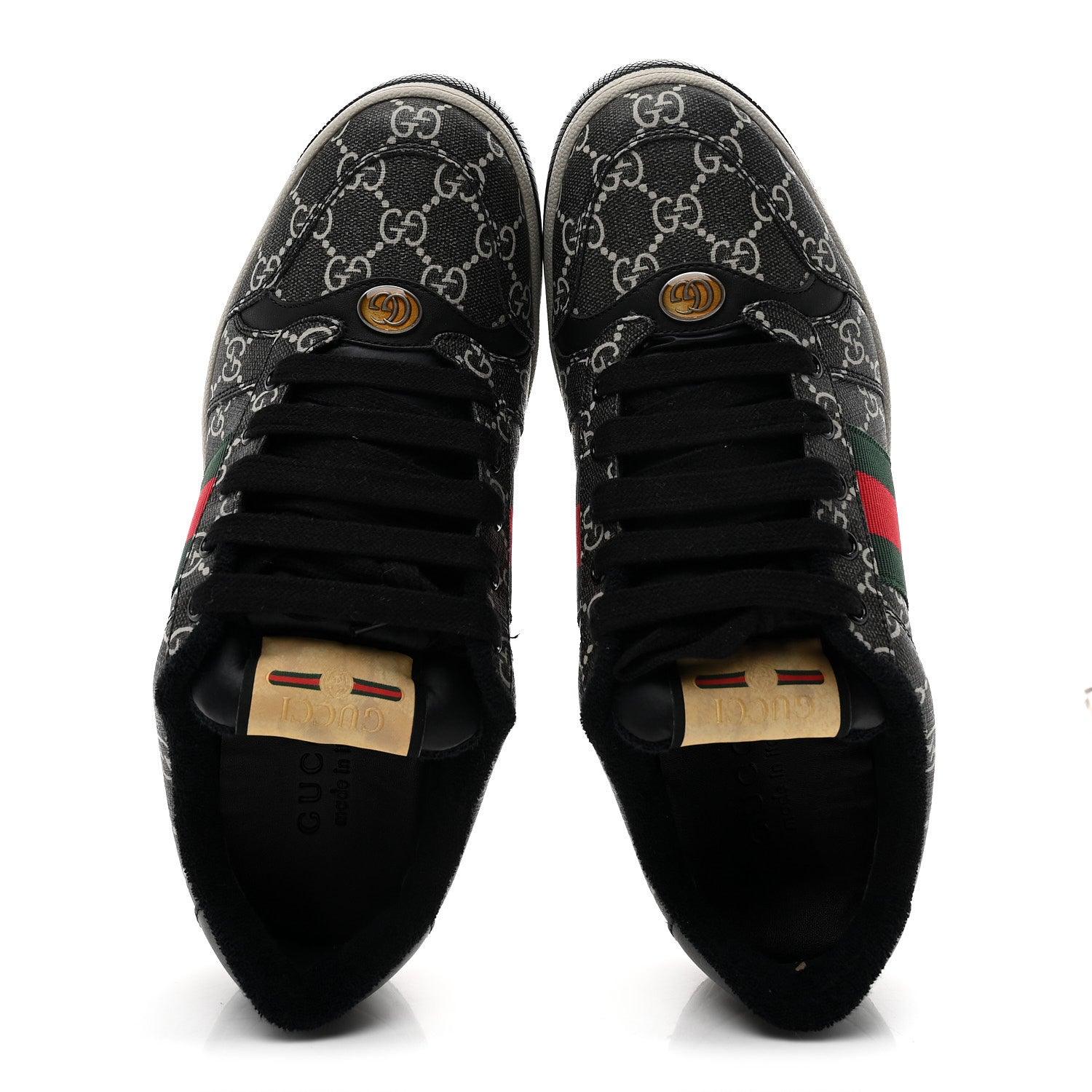 GG SUPREME MONOGRAM MIRO SOFT CALFSKIN WEB MENS SCREENER SNEAKERS BLACK GREY SKY