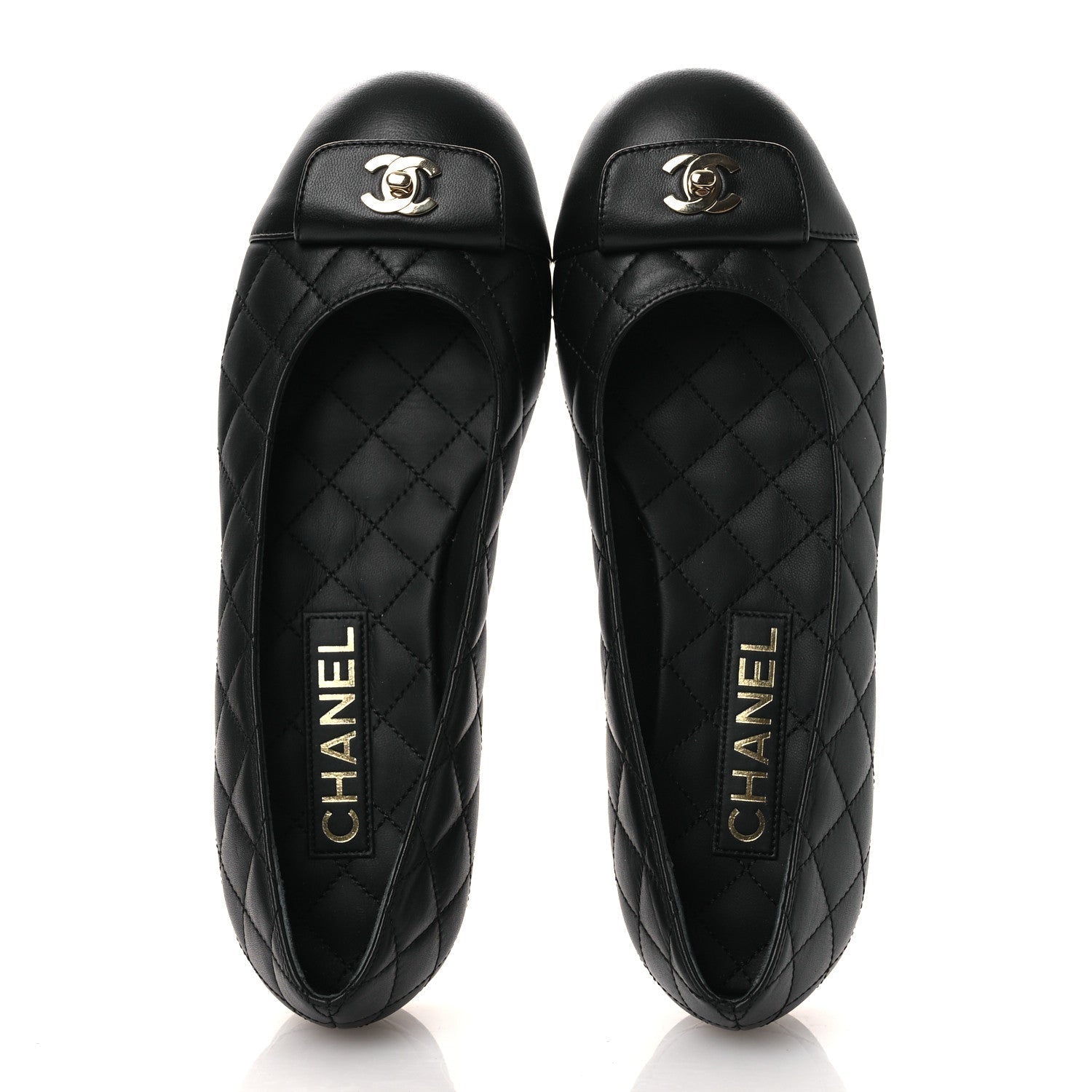 CALFSKIN LAMBSKIN QUILTED CC CAP TOE BALLERINA FLATS BLACK