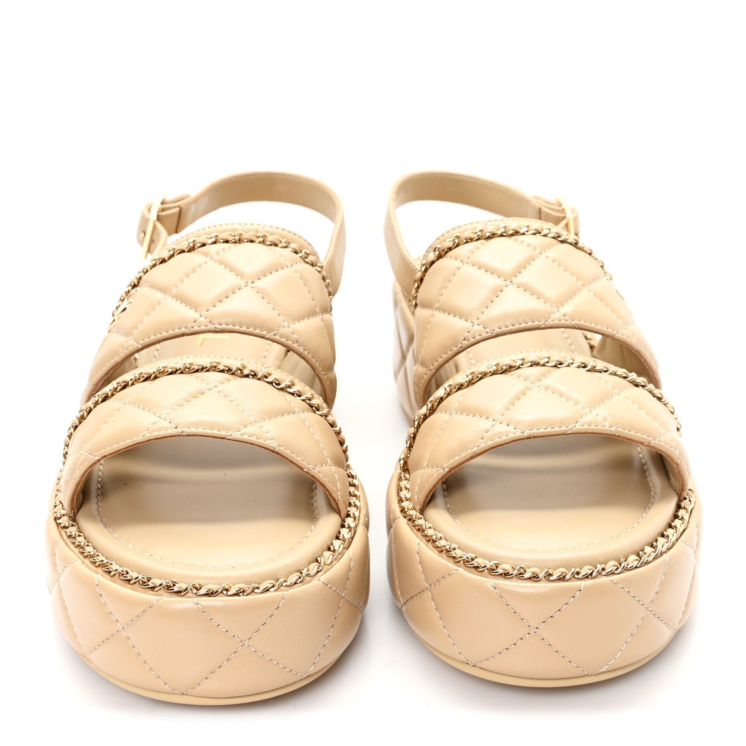 SHINY LAMBSKIN QUILTED CHAIN AROUND CC PLATFORM SANDALS BEIGE