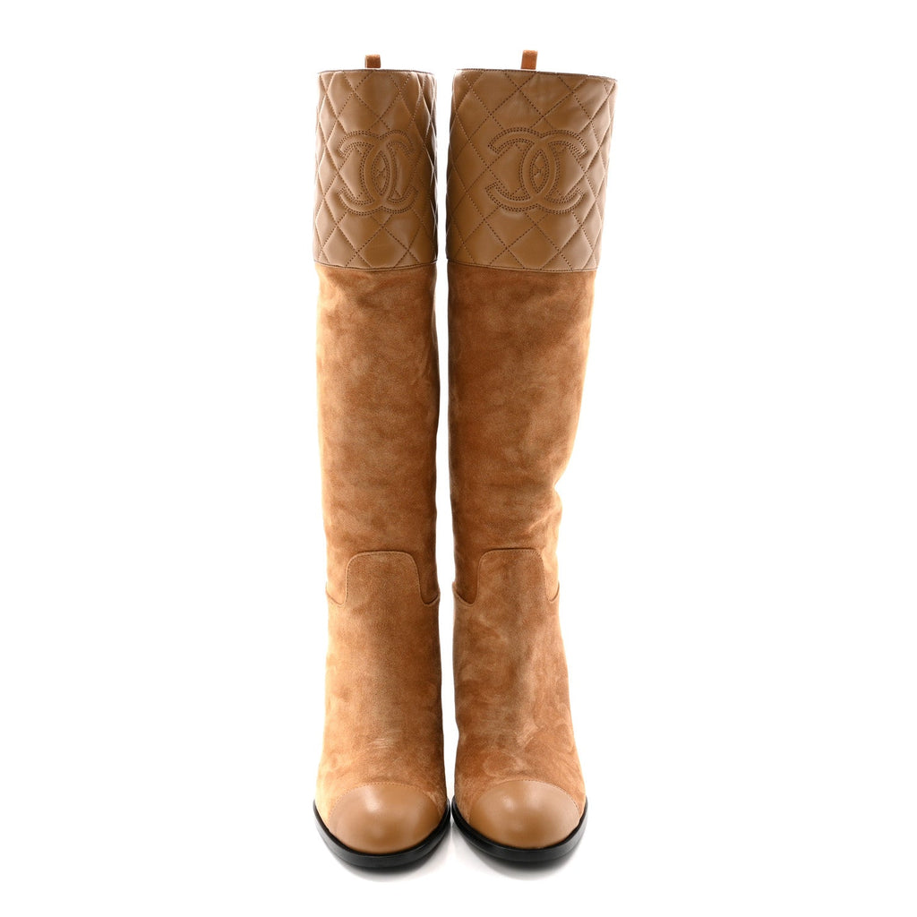 SUEDE CALFSKIN LAMBSKIN QUILTED KNEE HIGH HEEL BOOTS BEIGE
