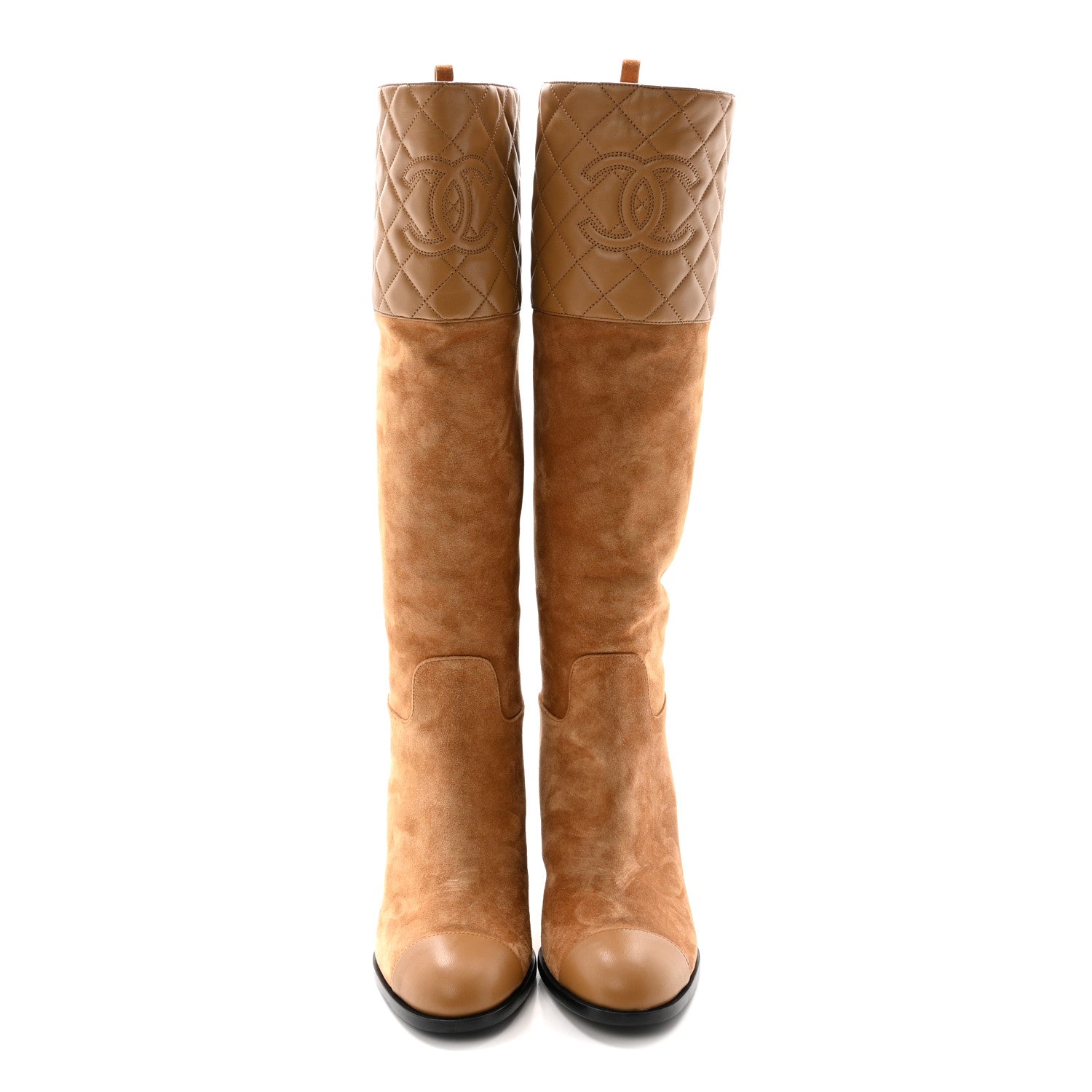 SUEDE CALFSKIN LAMBSKIN QUILTED KNEE HIGH HEEL BOOTS BEIGE