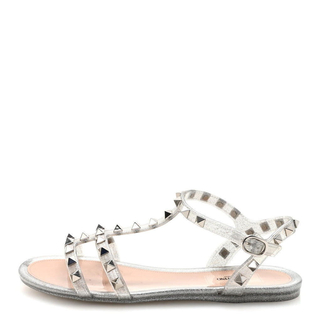 PVC JELLY GLITTER ROCKSTUD CAGED FLAT THONG SANDALS SILVER