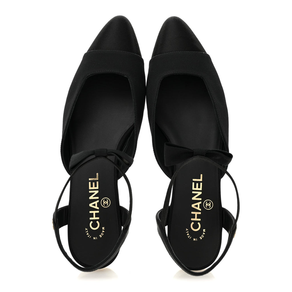 SATIN SLINGBACK CAP TOE BOW FLATS BLACK
