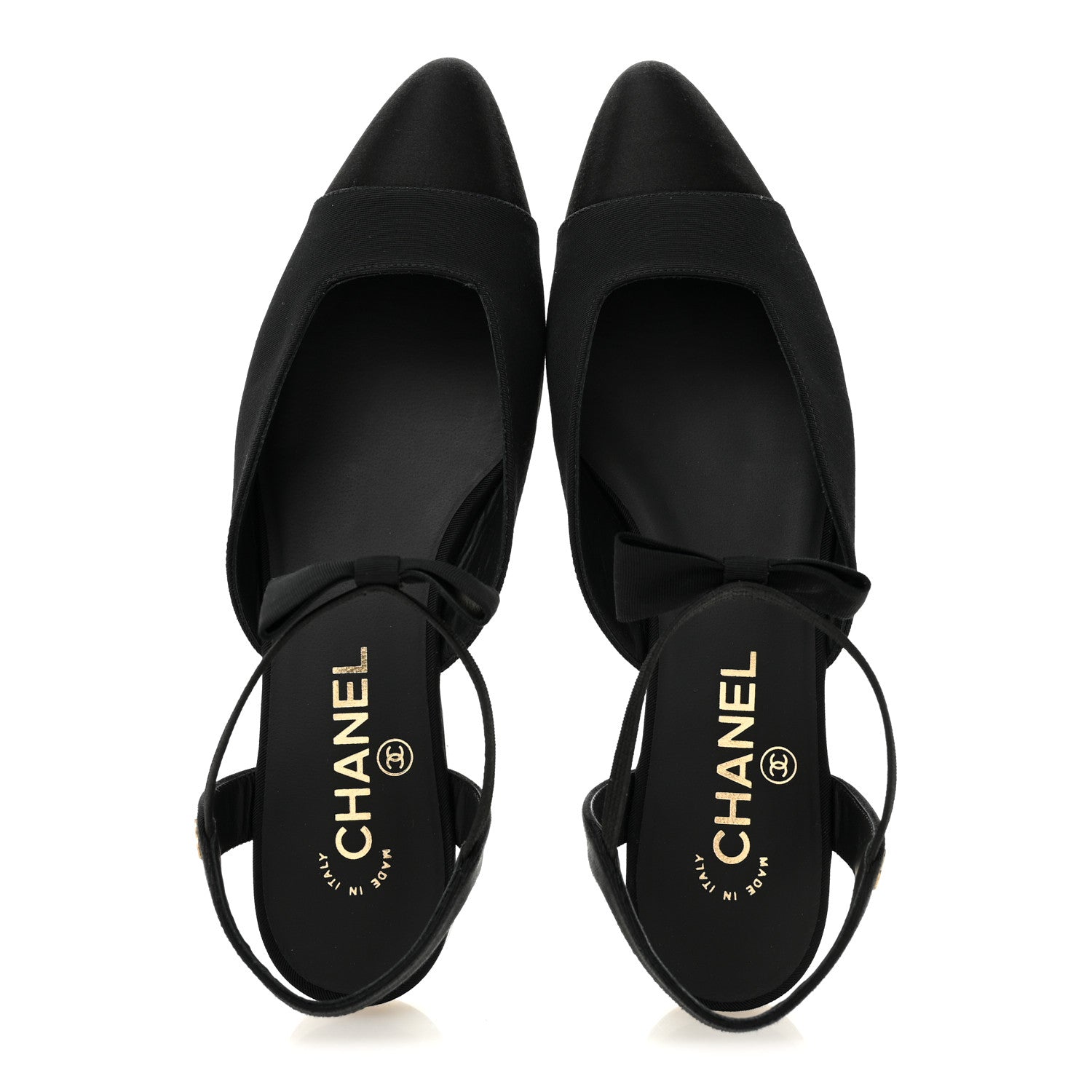 SATIN SLINGBACK CAP TOE BOW FLATS BLACK