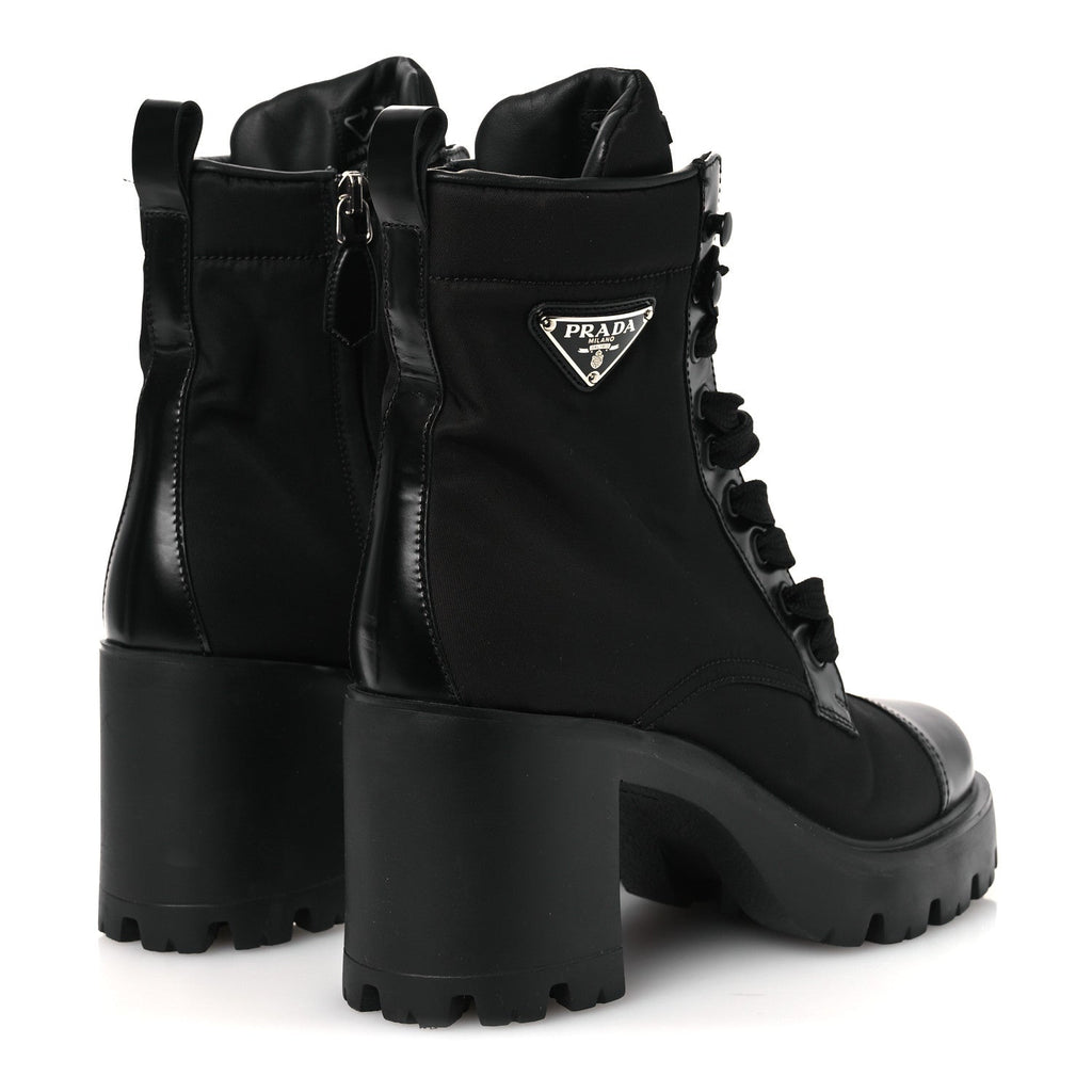 SPAZZOLATO RE-NYLON METAL TRIANGLE LOGO LACE UP 55MM ANKLE BOOTS BLACK