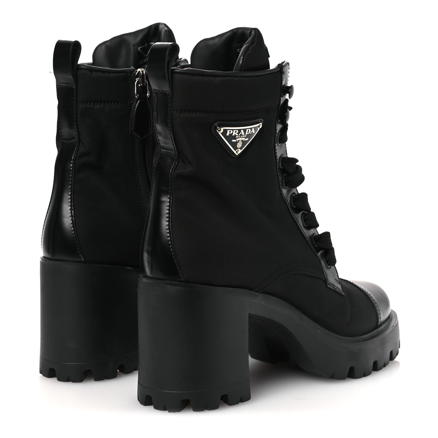 SPAZZOLATO RE-NYLON METAL TRIANGLE LOGO LACE UP 55MM ANKLE BOOTS BLACK