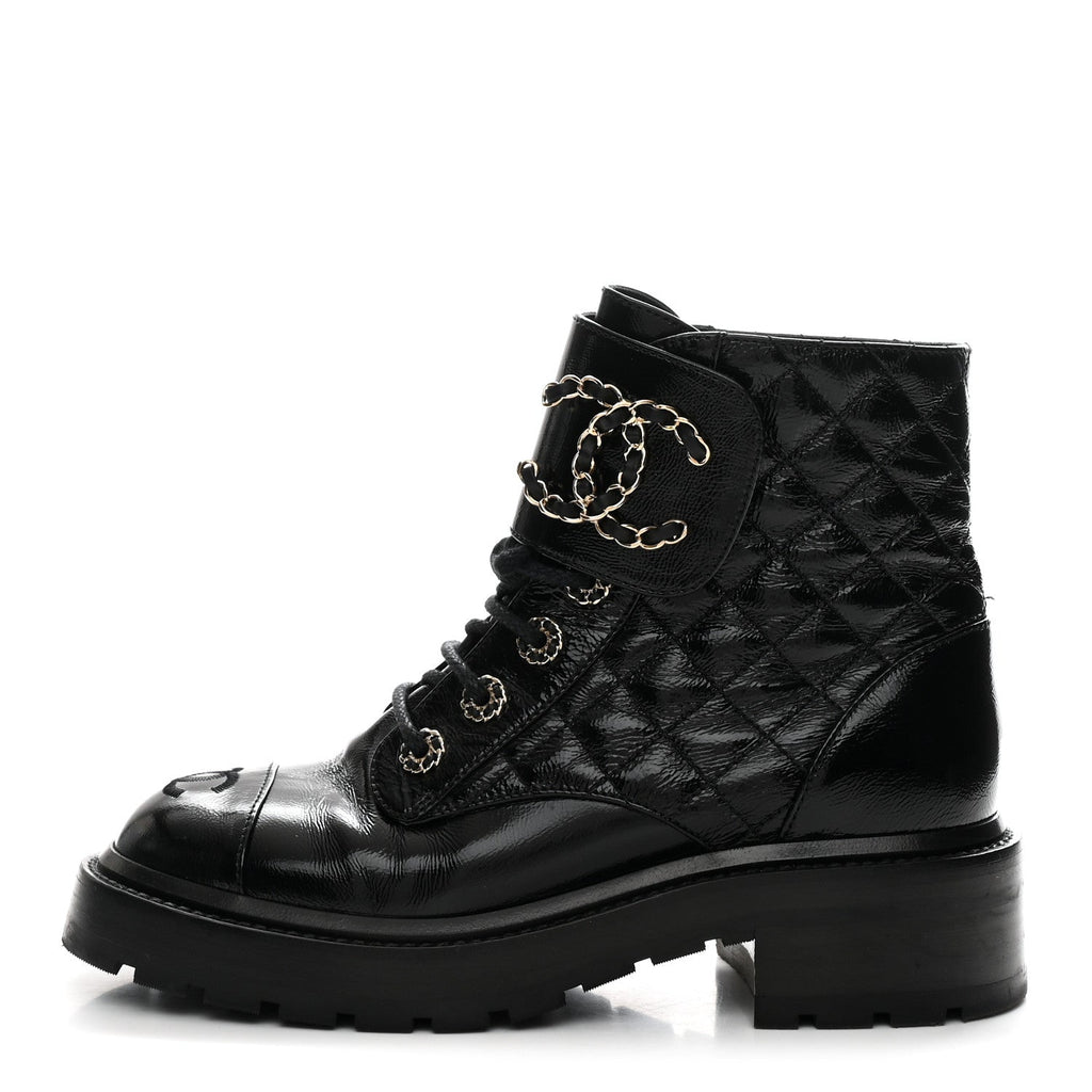 SHINY CALFSKIN QUILTED LACE UP COMBAT BOOTS BLACK