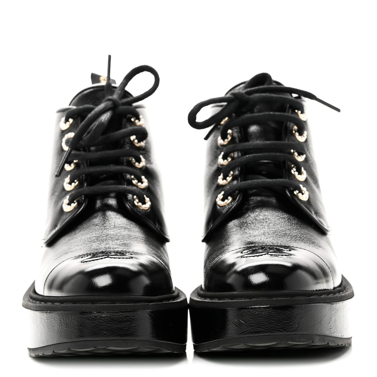 SHINY CALFSKIN PEARL LACE UP COMBAT SHORT BOOTS BLACK