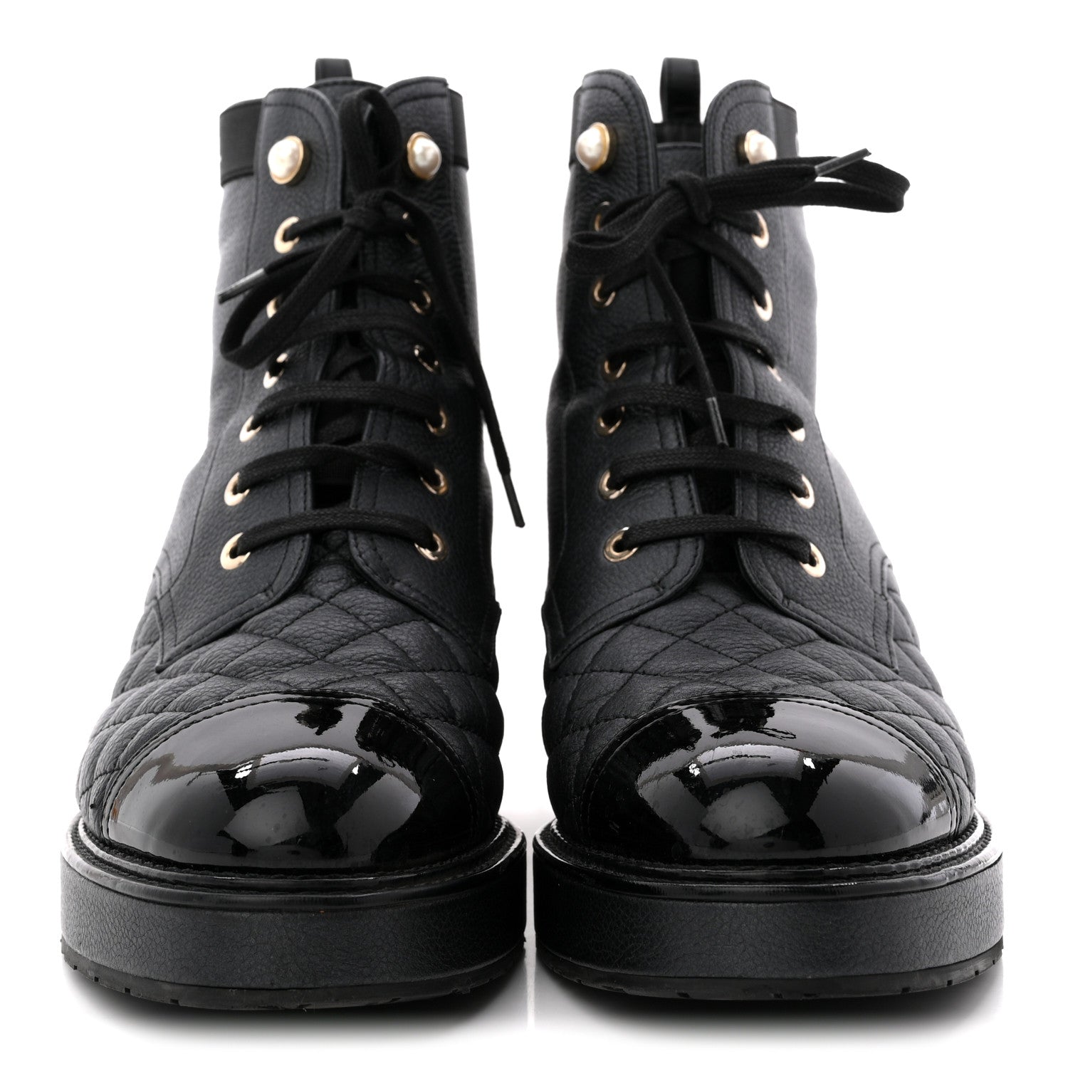 PEARLY CALFSKIN PATENT CALFSKIN LACE UP COMBAT BOOTS BLACK