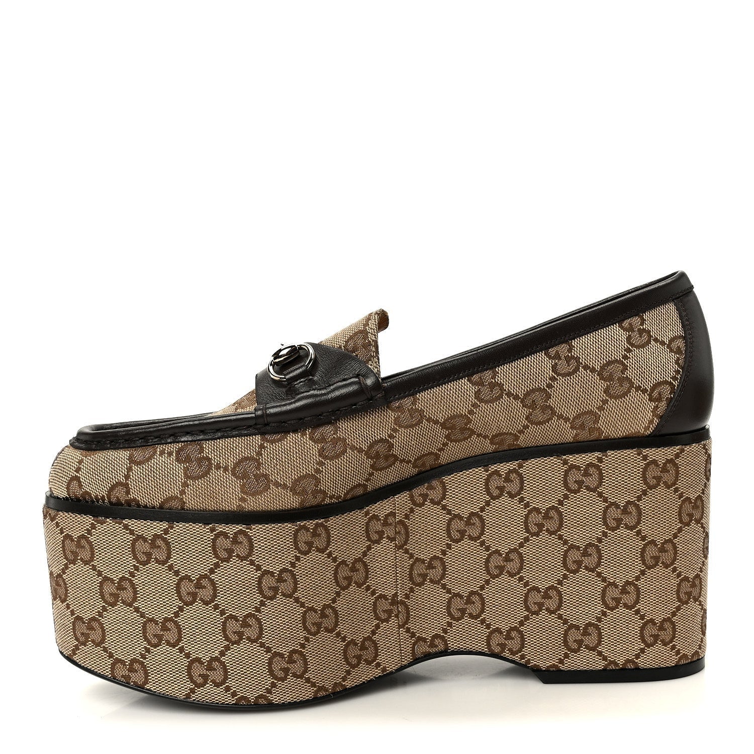CANVAS GG MONOGRAM HORSEBIT CALFSKIN WOMENS HORSEBIT PLATFORM LOAFERS BEIGE EBONY COCOA