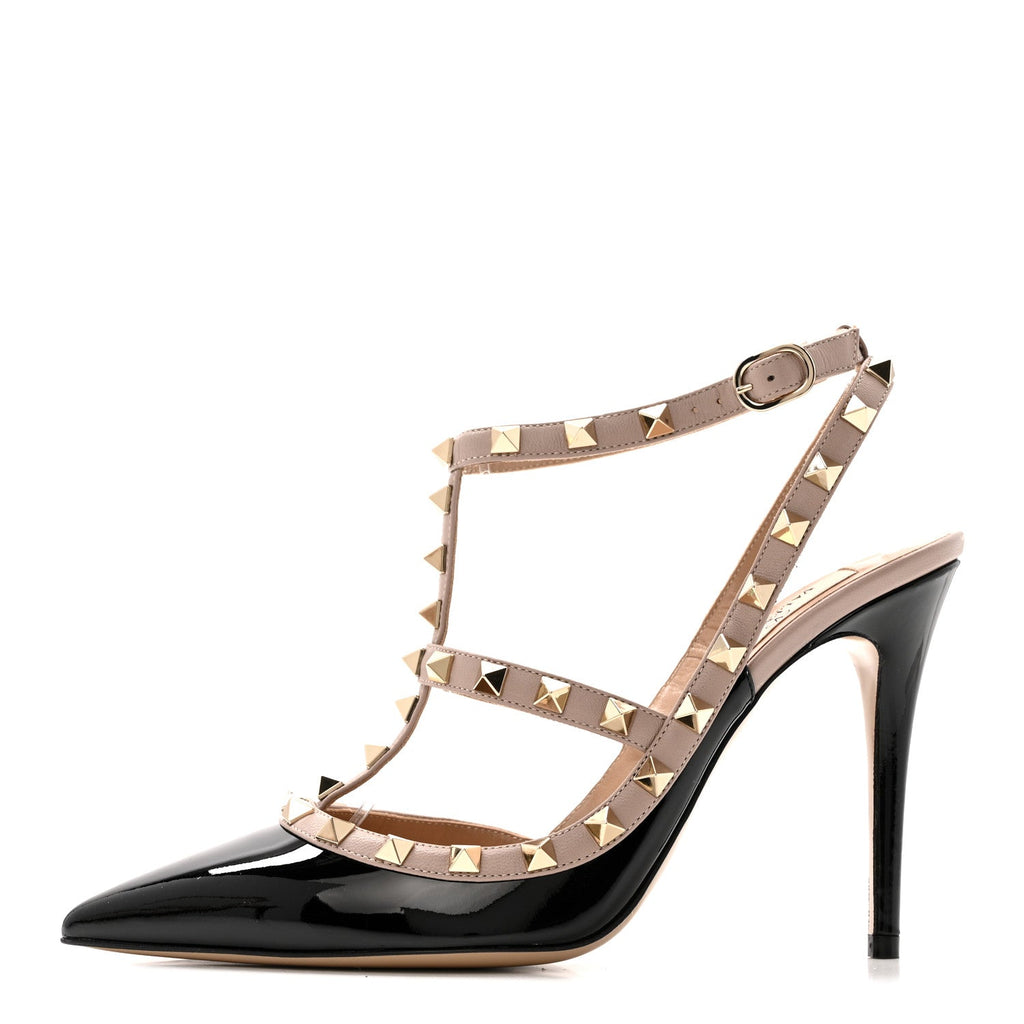 PATENT NAPPA ROCKSTUD ANKLE STRAP 100MM PUMPS BLACK POUDRE