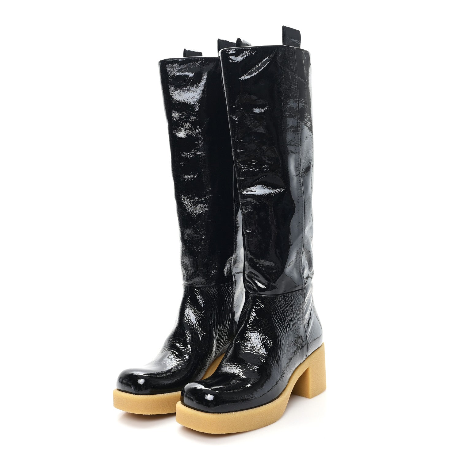 CRINKLED PATENT CALFSKIN KNEE HIGH BOOTS BLACK