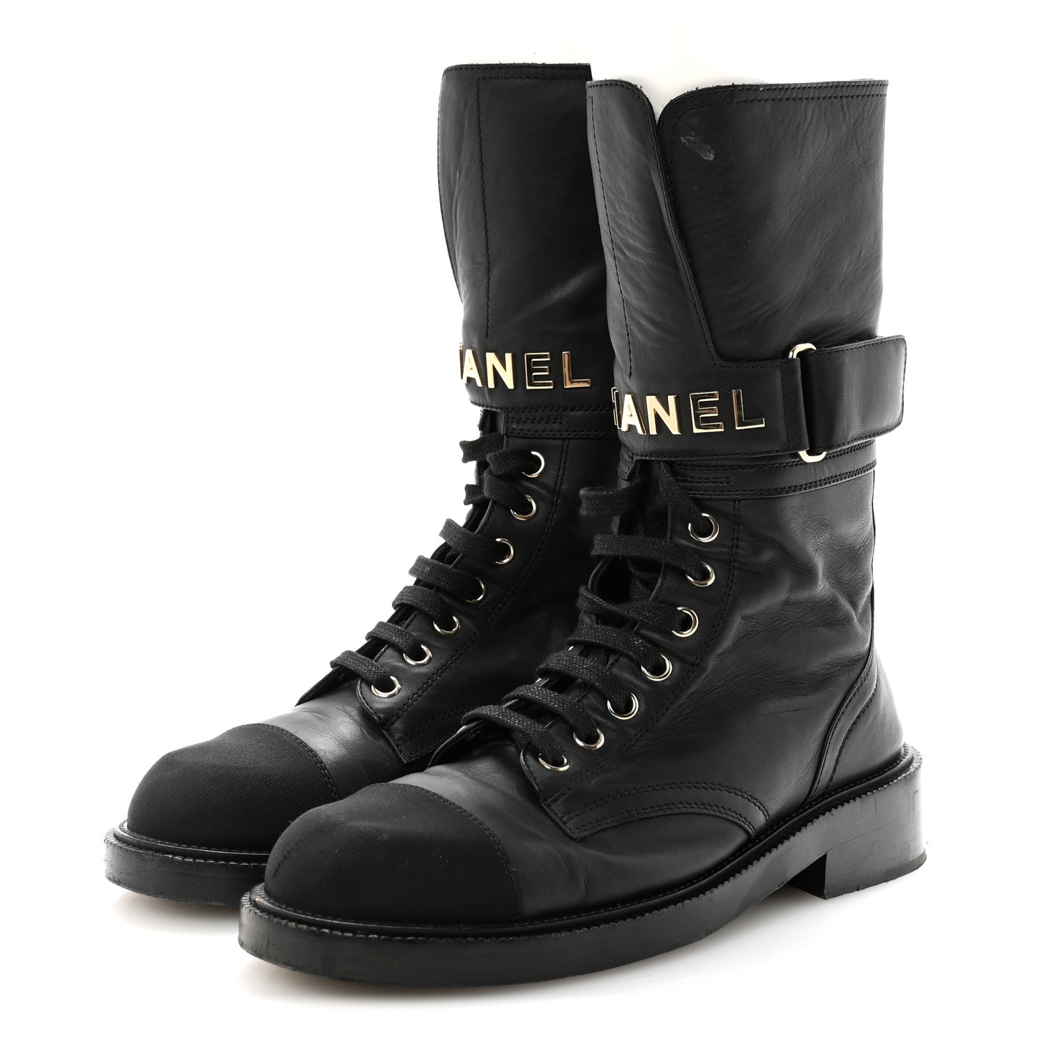 SHINY CALFSKIN LACE UP COMBAT BOOTS BLACK