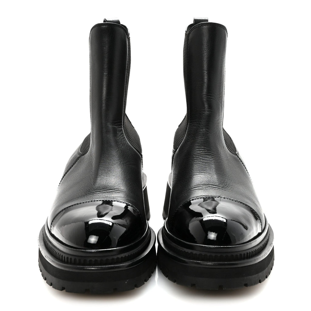 CALFSKIN PATENT CAP TOE ANKLE BOOTS BLACK