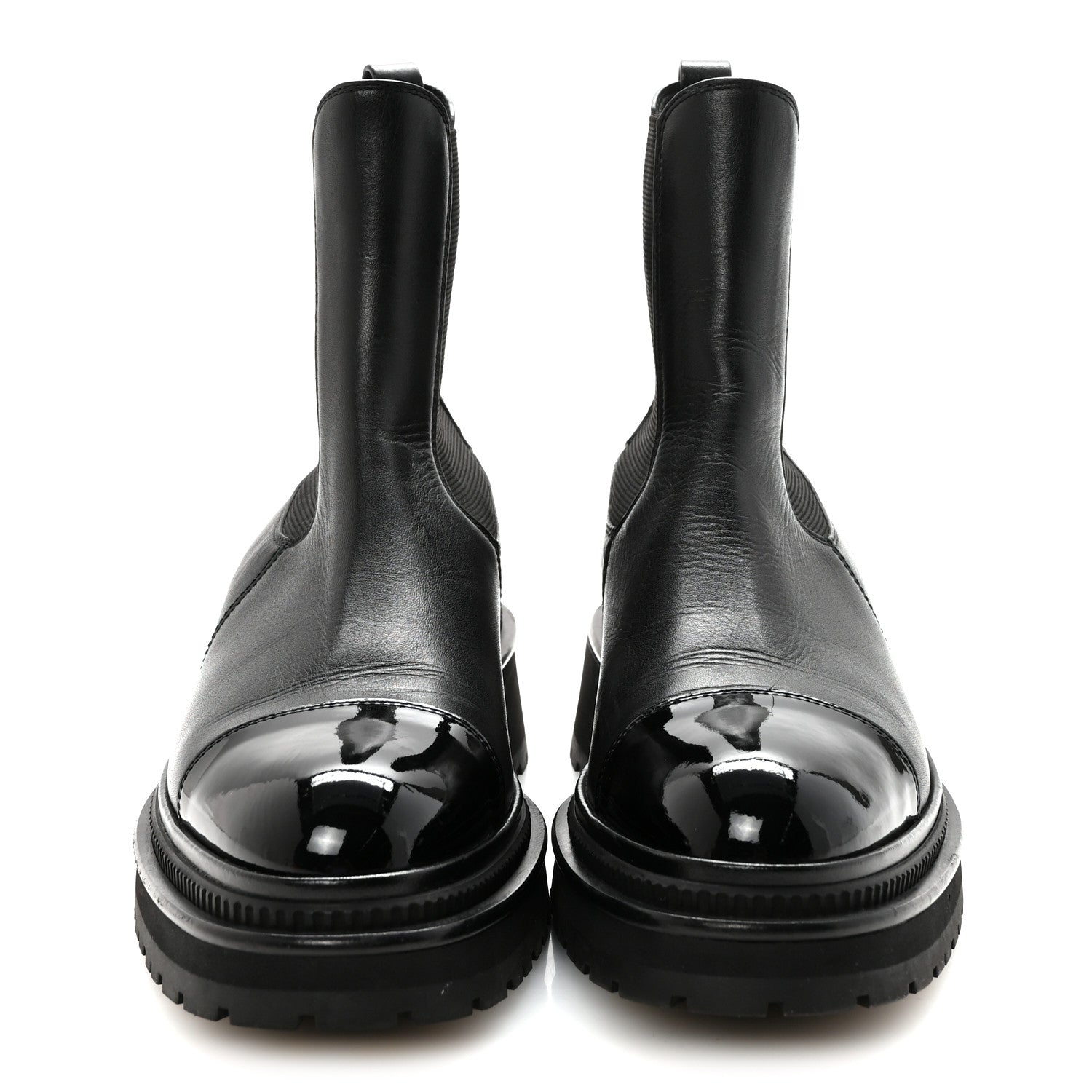 CALFSKIN PATENT CAP TOE ANKLE BOOTS BLACK