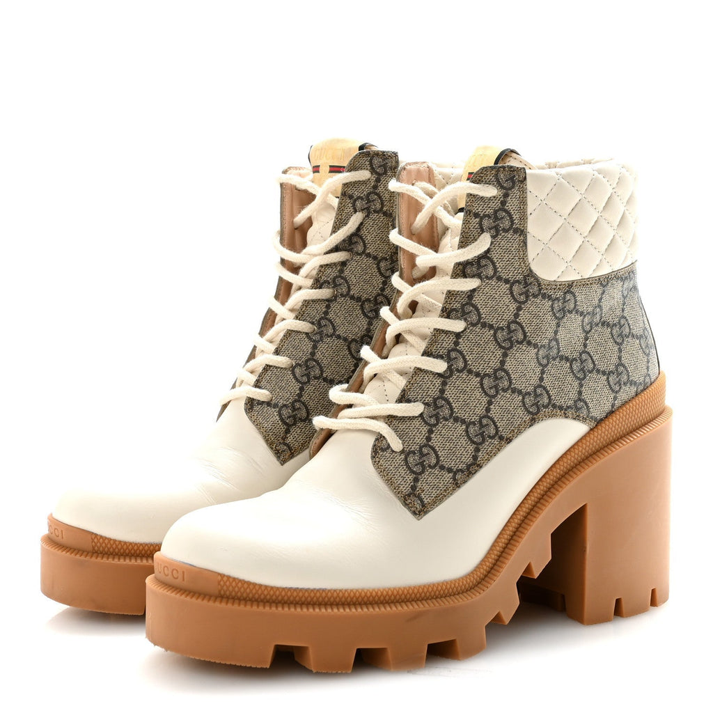 APOLLO CALFSKIN GG SUPREME NAPPA SAMOA QUILTED LACE UP ANKLE BOOTS MYSTIC WHITE BEIGE EBONY