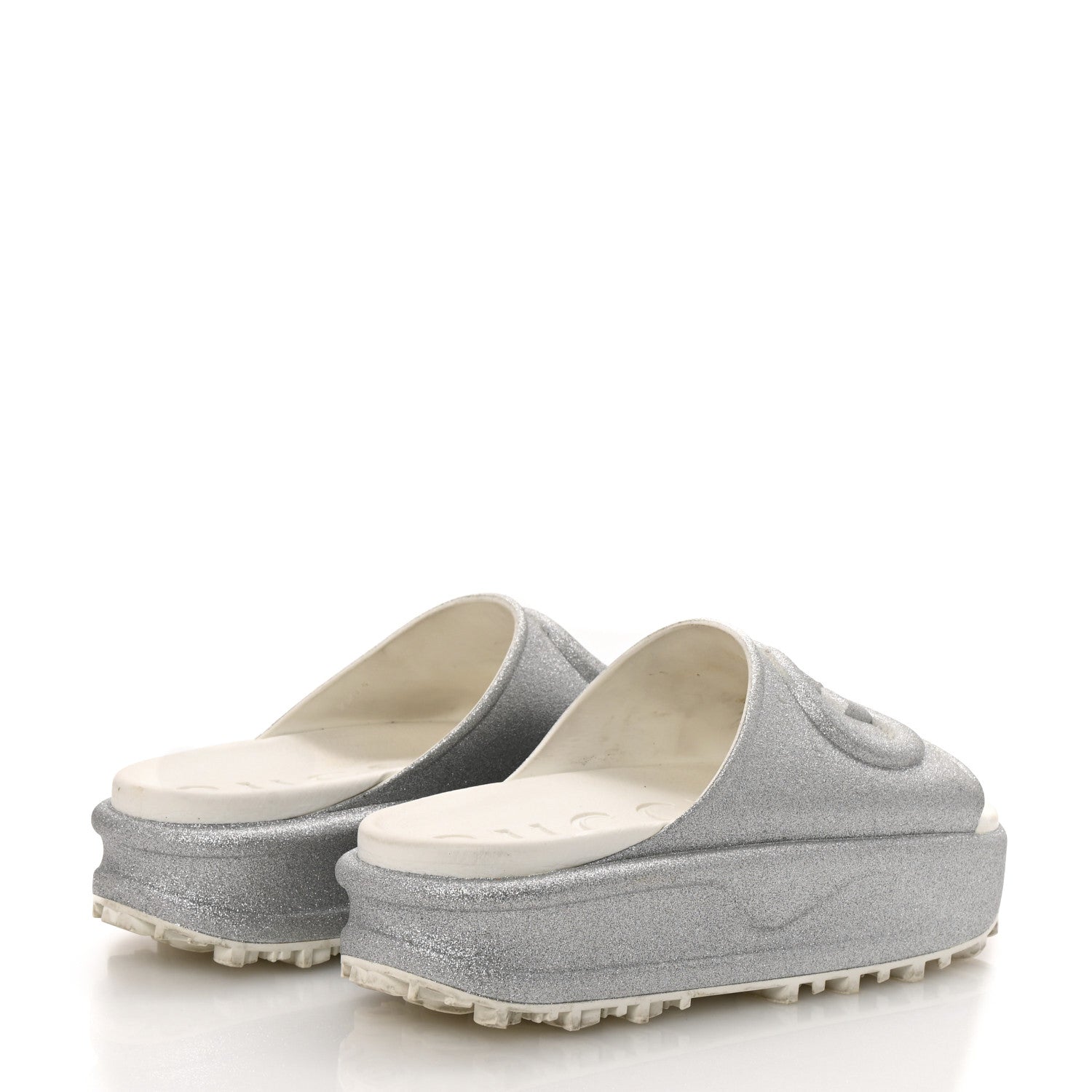 GLITTER RUBBER WOMENS INTERLOCKING G PLATFORM 42MM SLIDE SANDALS SILVER