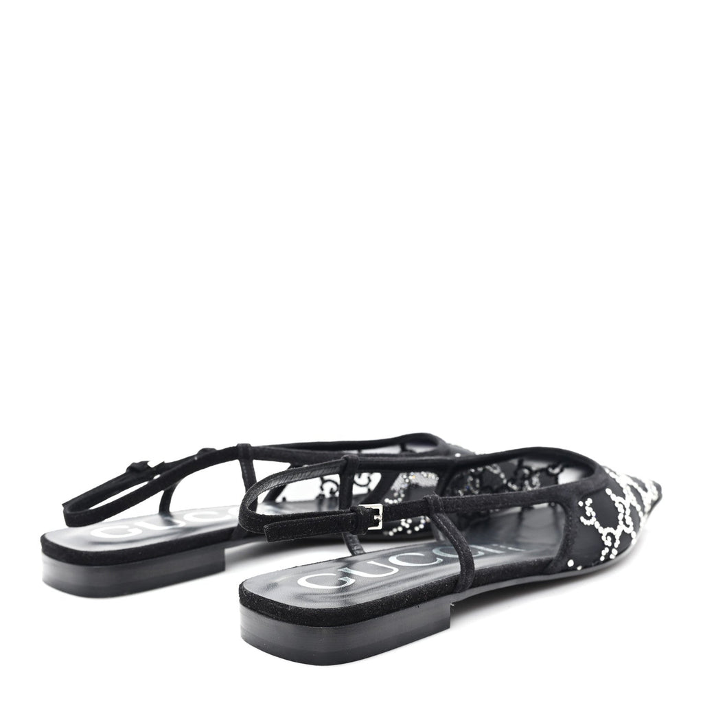 SUEDE MESH CRYSTAL GG MONOGRAM SLINGBACK BALLET FLATS BLACK