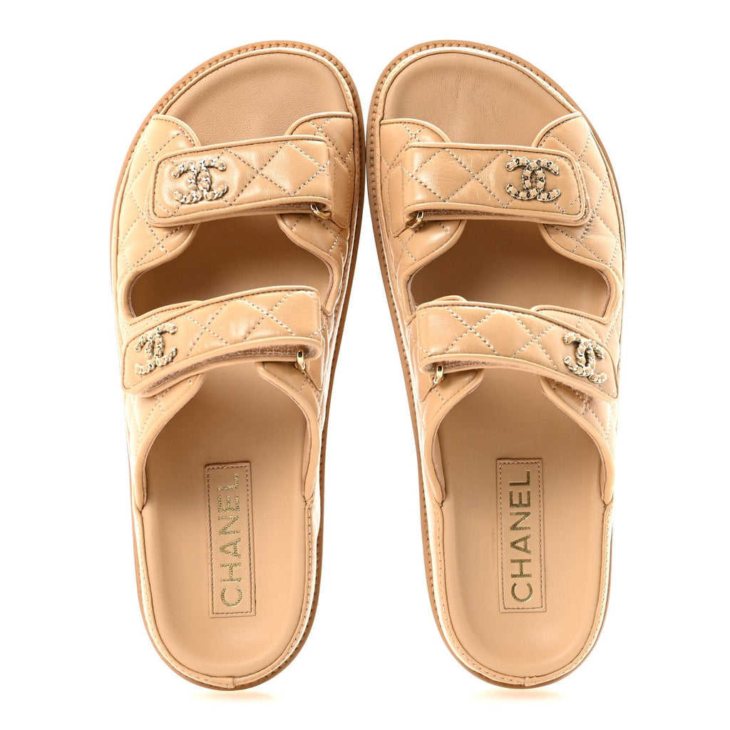 CHANEL LAMBSKIN QUILTED VELCRO DAD CHAIN CC SLIDE SANDAL PINK