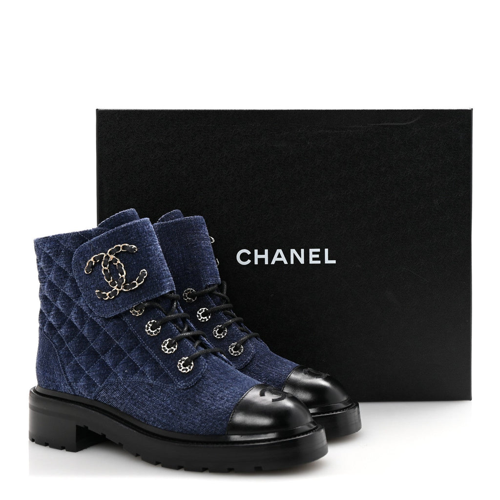SHINY CALFSKIN VELVET QUILTED LACE UP COMBAT BOOTS BLUE BLACK