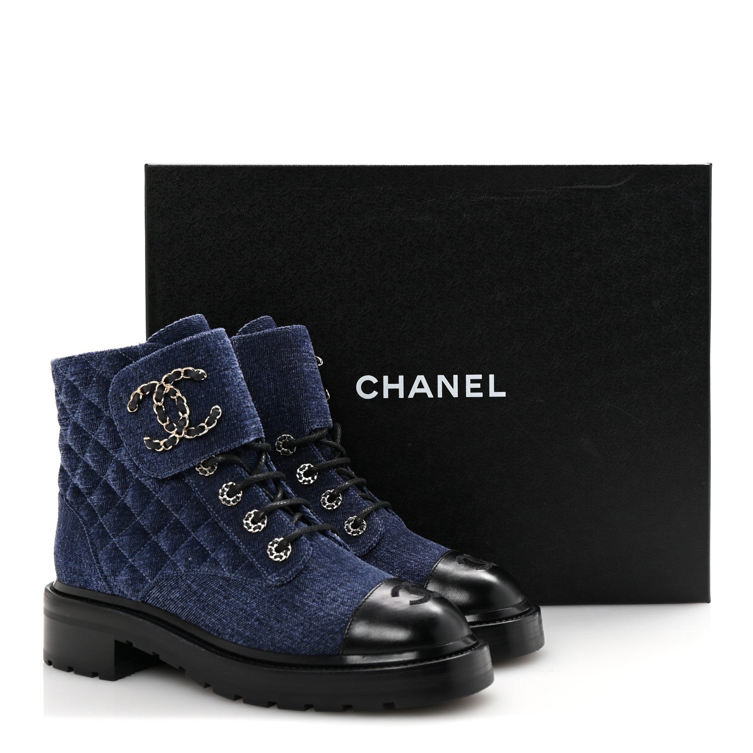 SHINY CALFSKIN VELVET QUILTED LACE UP COMBAT BOOTS BLUE BLACK
