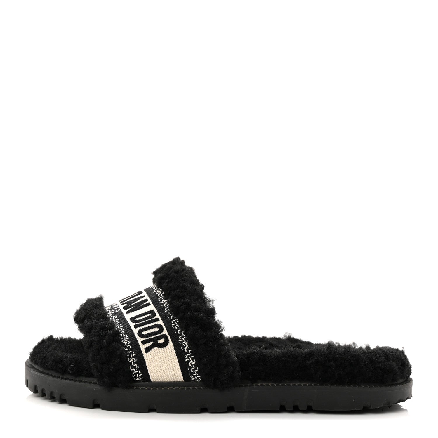 SHEARLING CANVAS LUREX EMBROIDERED DWAY 10MM SLIDE SANDALS BLACK NATURAL