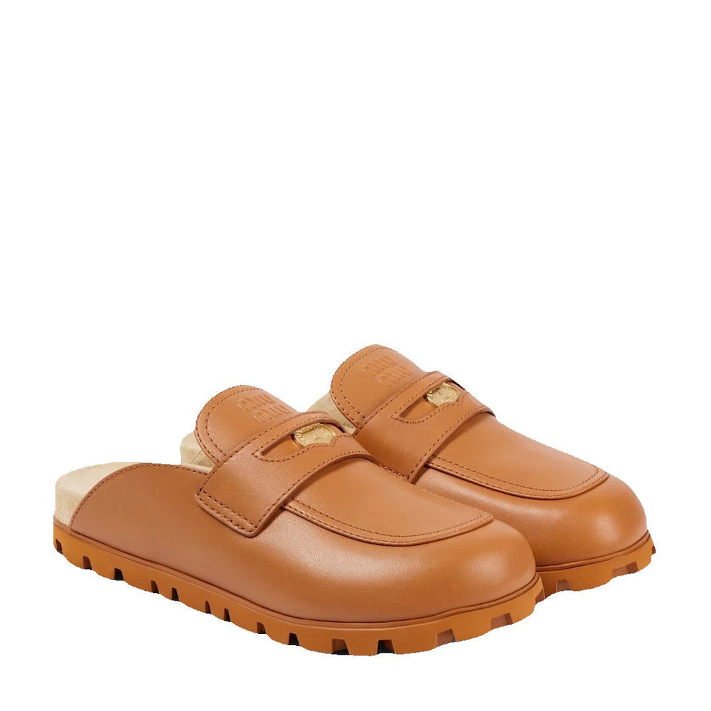 Miu Miu Bos Taurus Calf Leather Mules - Brown/Tan