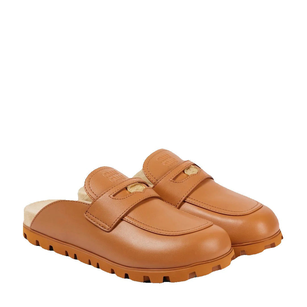 Miu Miu Bos Taurus Calf Leather Mules - Brown/Tan