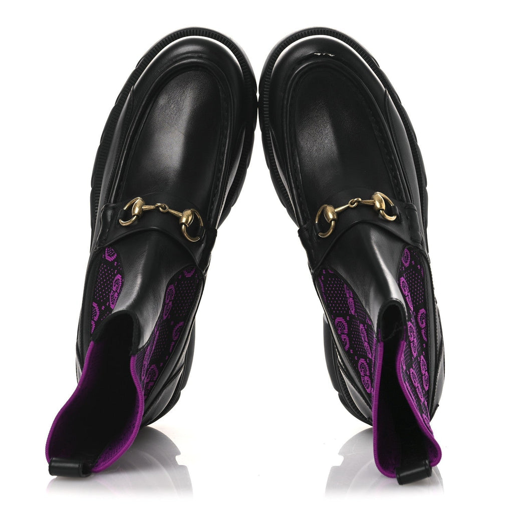 QUEBEC CALFSKIN TECHNICAL JERSEY KNIT GG MONOGRAM HORSEBIT ANKLE BOOTS BLACK FUCSIA