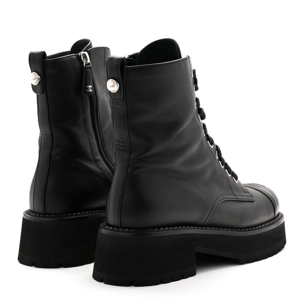 CALFSKIN CAP TOE LACE UP COMBAT BOOTS BLACK