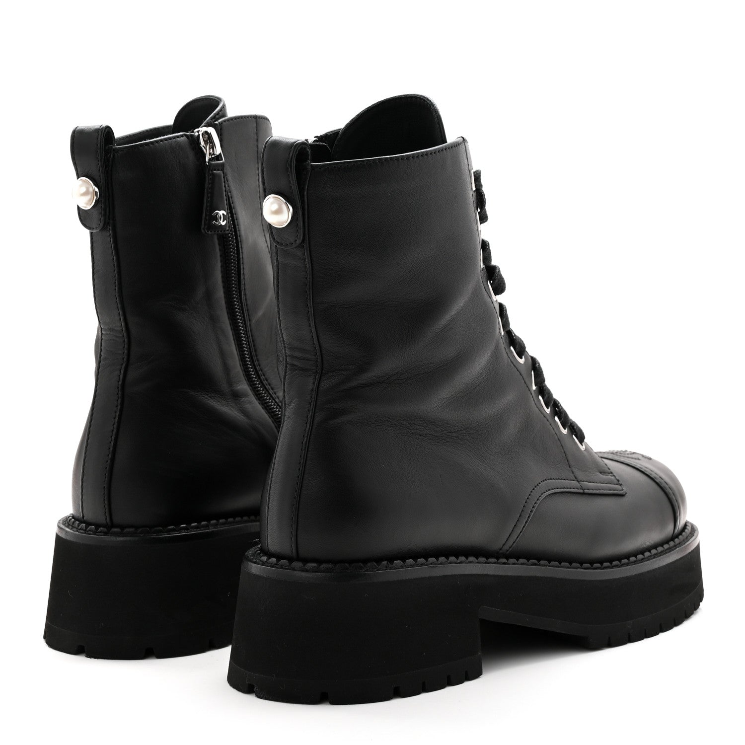 CALFSKIN CAP TOE LACE UP COMBAT BOOTS BLACK
