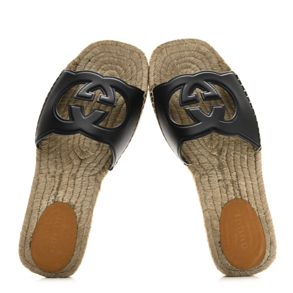 COSMOS SOFTY CALFSKIN ESPADRILLE MENS INTERLOCKING G CUT OUT SLIDE SANDALS BLACK