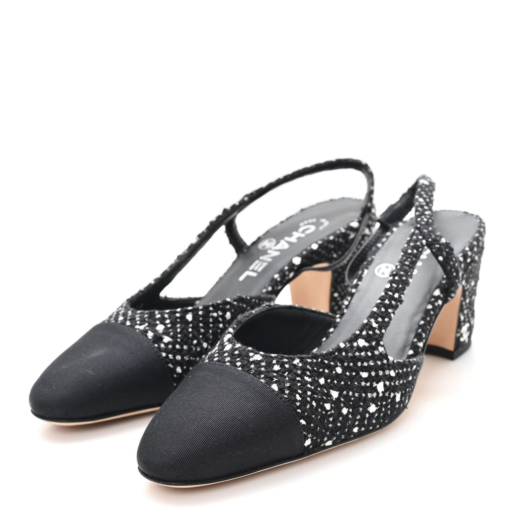 TWEED POLKADOT GROSGRAIN CAP TOE CC SLINGBACK PUMPS BLACK WHITE SILVER