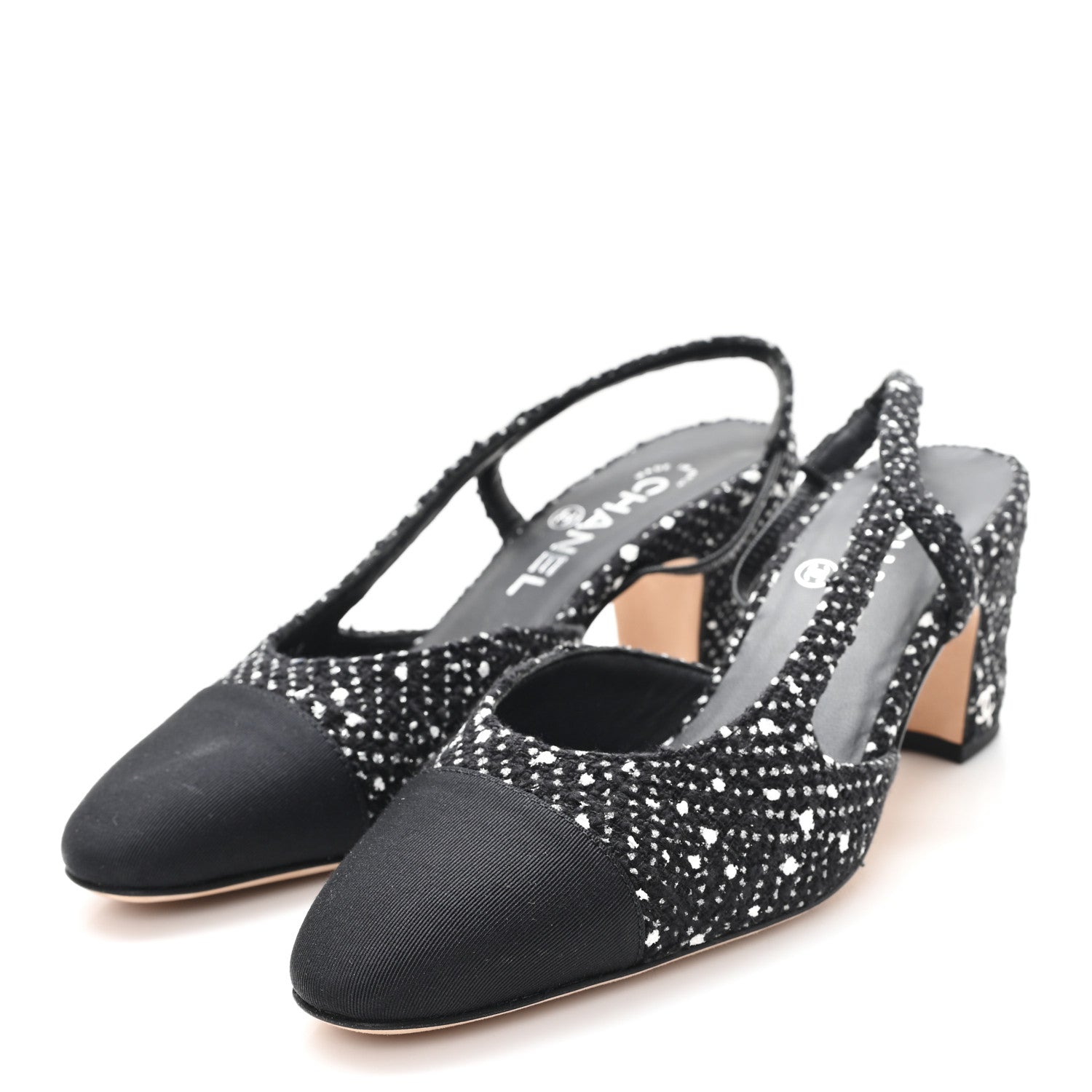TWEED POLKADOT GROSGRAIN CAP TOE CC SLINGBACK PUMPS BLACK WHITE SILVER
