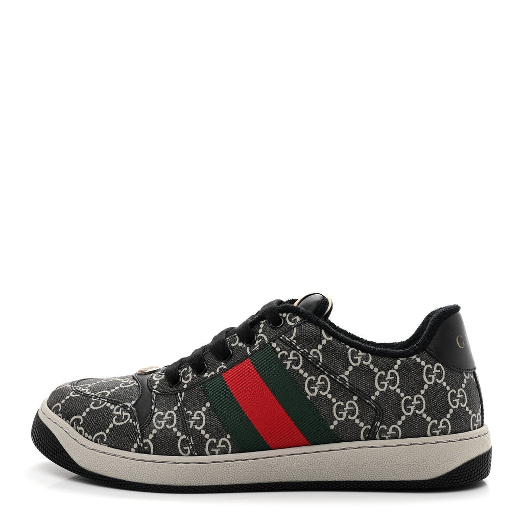 GG SUPREME MONOGRAM MIRO SOFT CALFSKIN WEB MENS SCREENER SNEAKERS BLACK GREY SKY