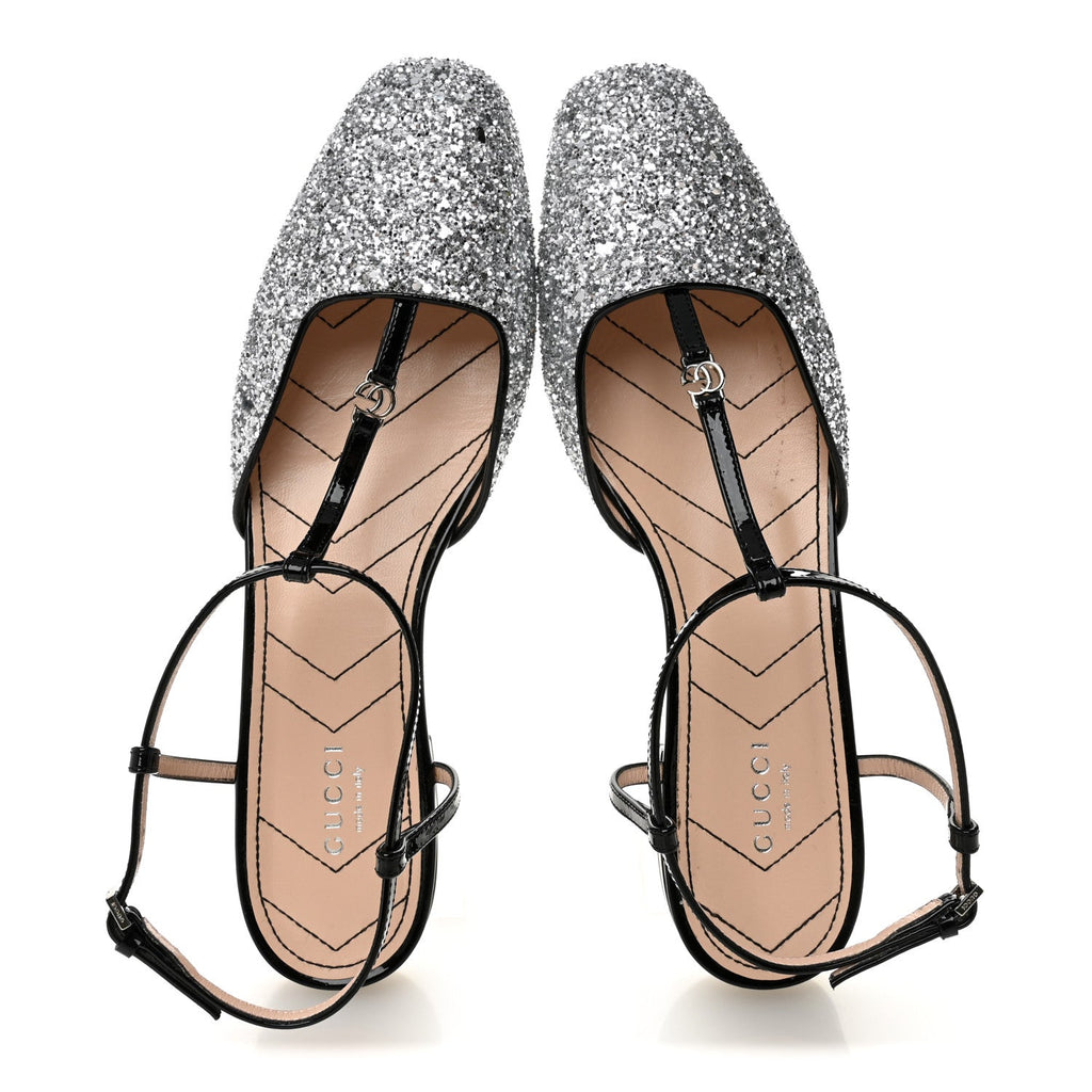 CALFSKIN GLITTER DOUBLE G SLINGBACK FLATS SILVER BLACK