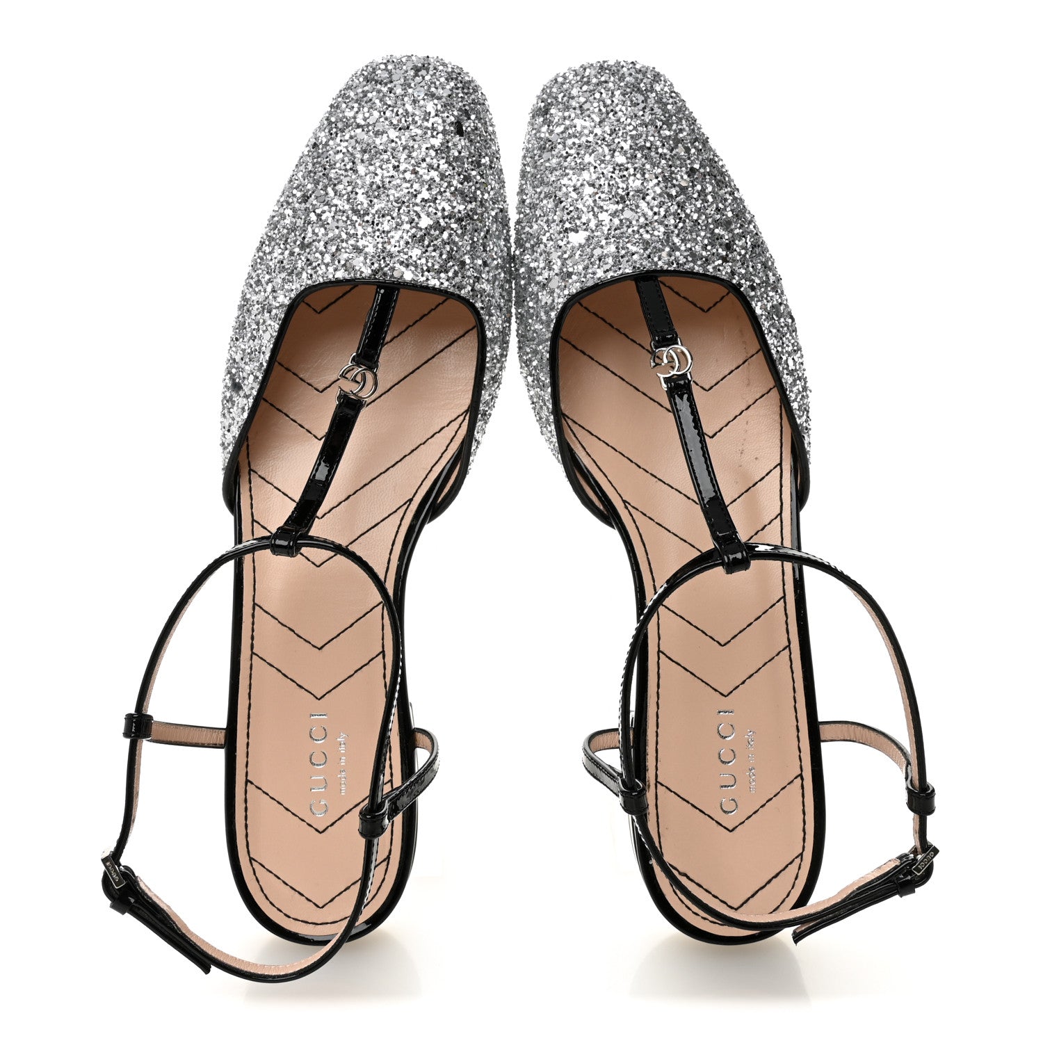 CALFSKIN GLITTER DOUBLE G SLINGBACK FLATS SILVER BLACK