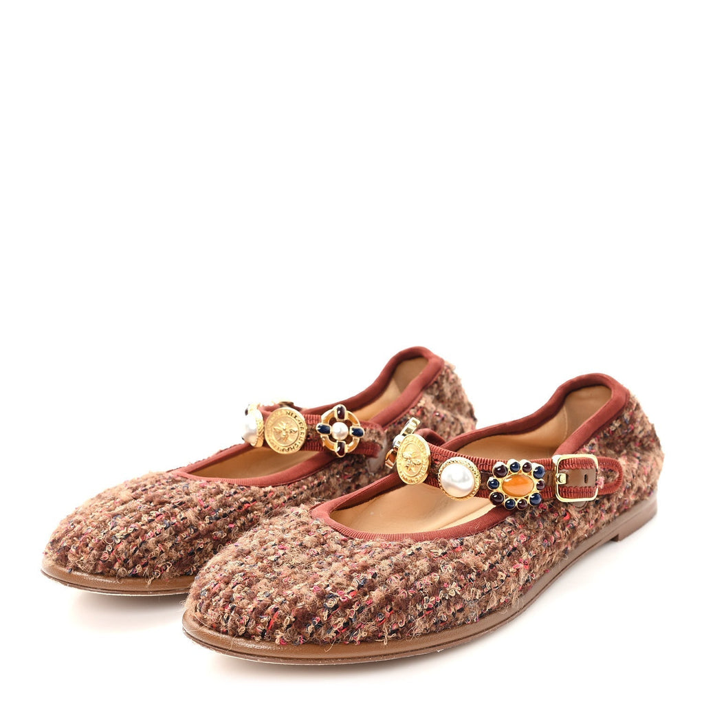 WOOL TWEED MARY JANE FLATS BROWN RED DARK BLUE