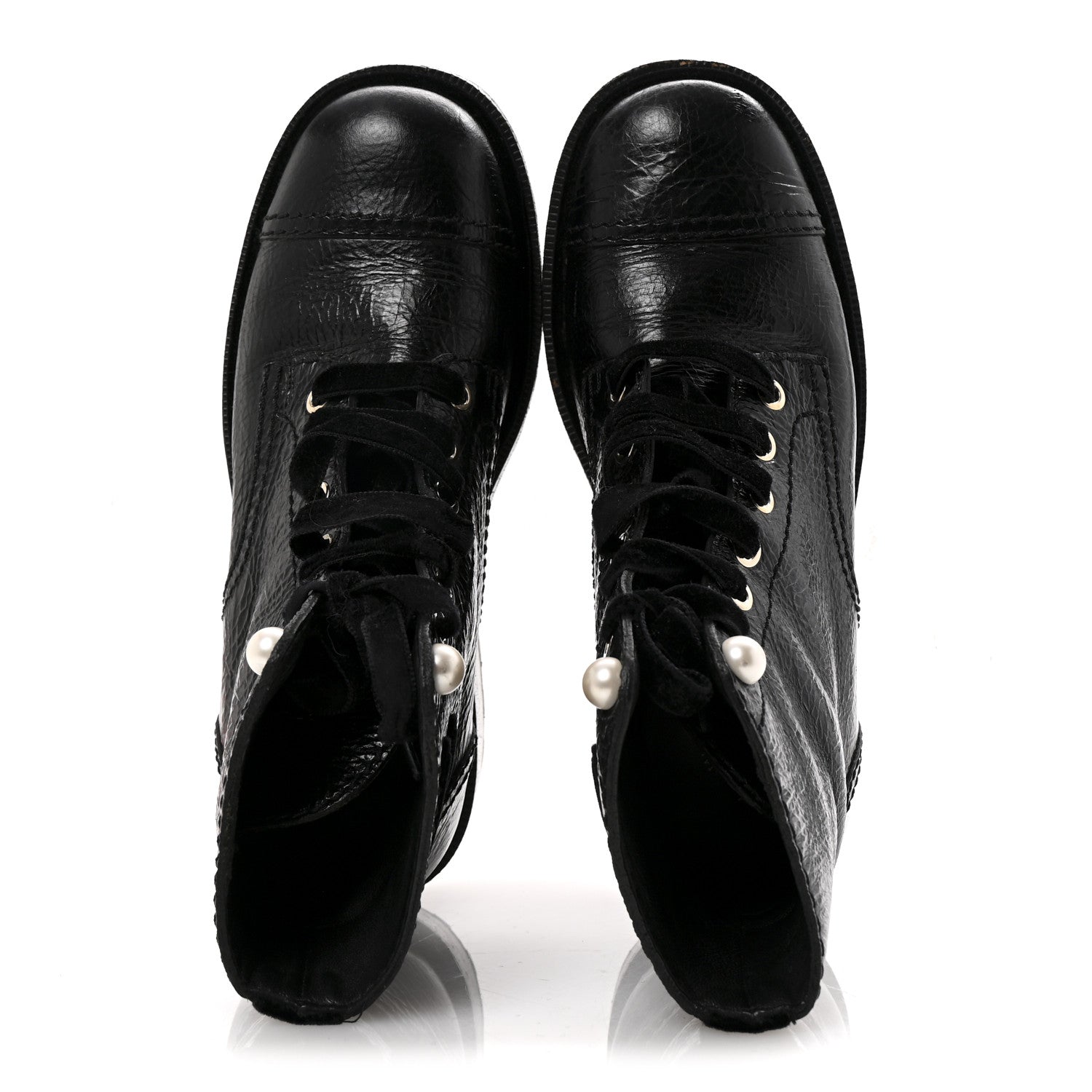 SHINY CALFSKIN VELVET PEARL COMBAT SHORT BOOTS BLACK