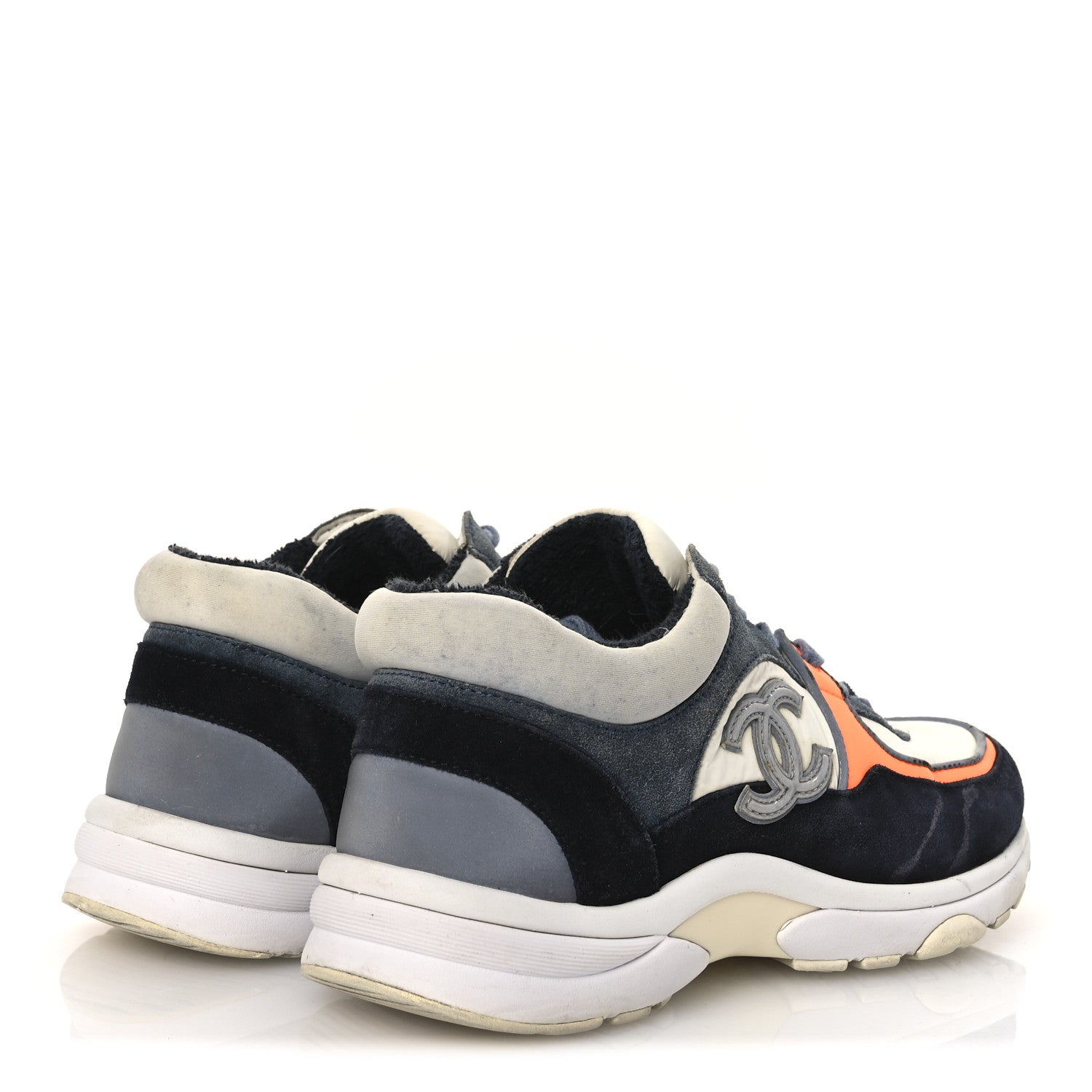 NYLON CALFSKIN SUEDE CC WOMENS SNEAKERS NAVY WHITE ORANGE BLACK