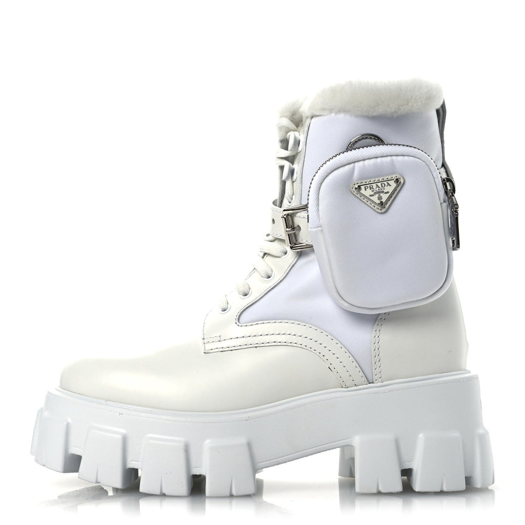 SPAZZOLATO ROIS NYLON SHEARLING METAL TRIANGLE LOGO MONOLITH POUCH POCKET 55MM BOOTS WHITE