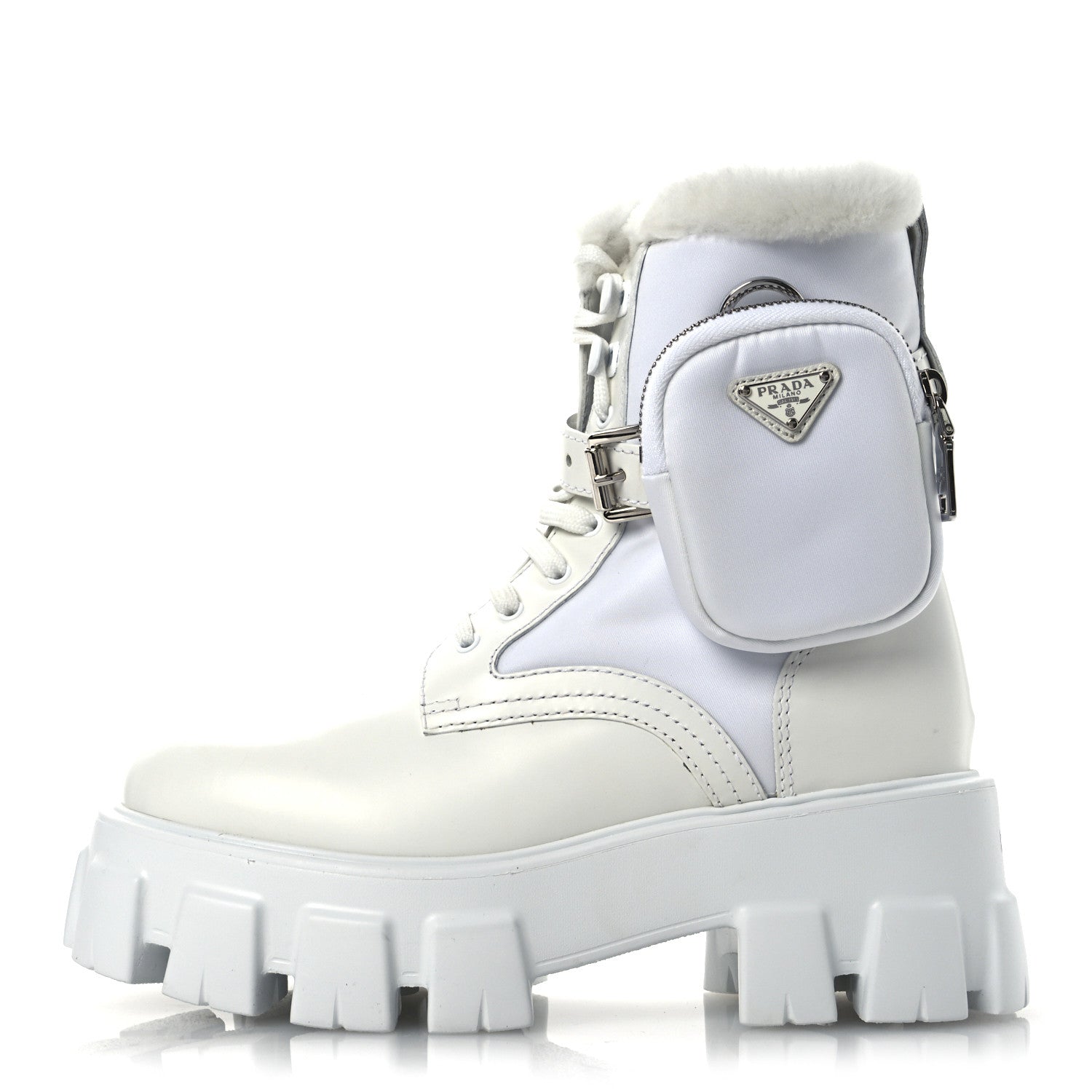 SPAZZOLATO ROIS NYLON SHEARLING METAL TRIANGLE LOGO MONOLITH POUCH POCKET 55MM BOOTS WHITE