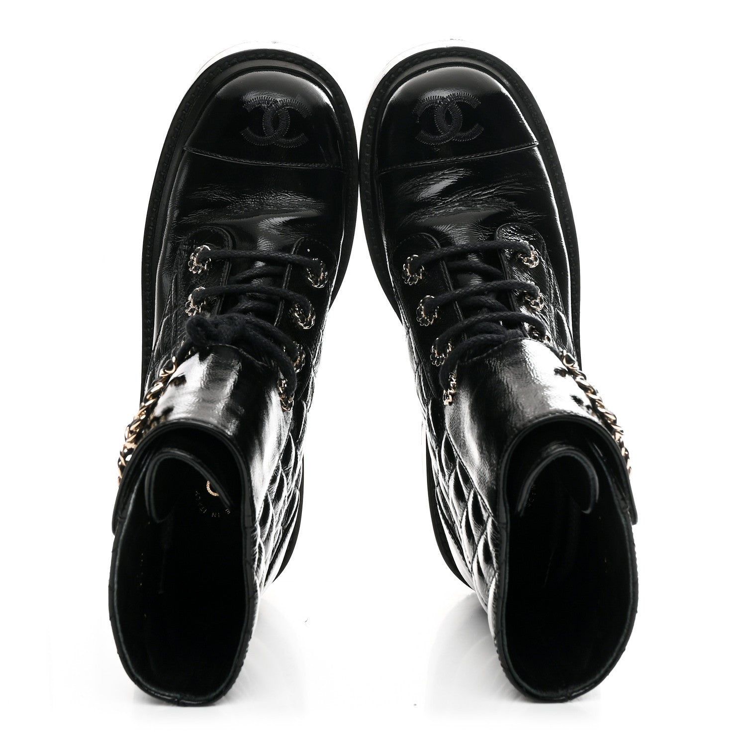 SHINY CALFSKIN QUILTED LACE UP COMBAT BOOTS BLACK