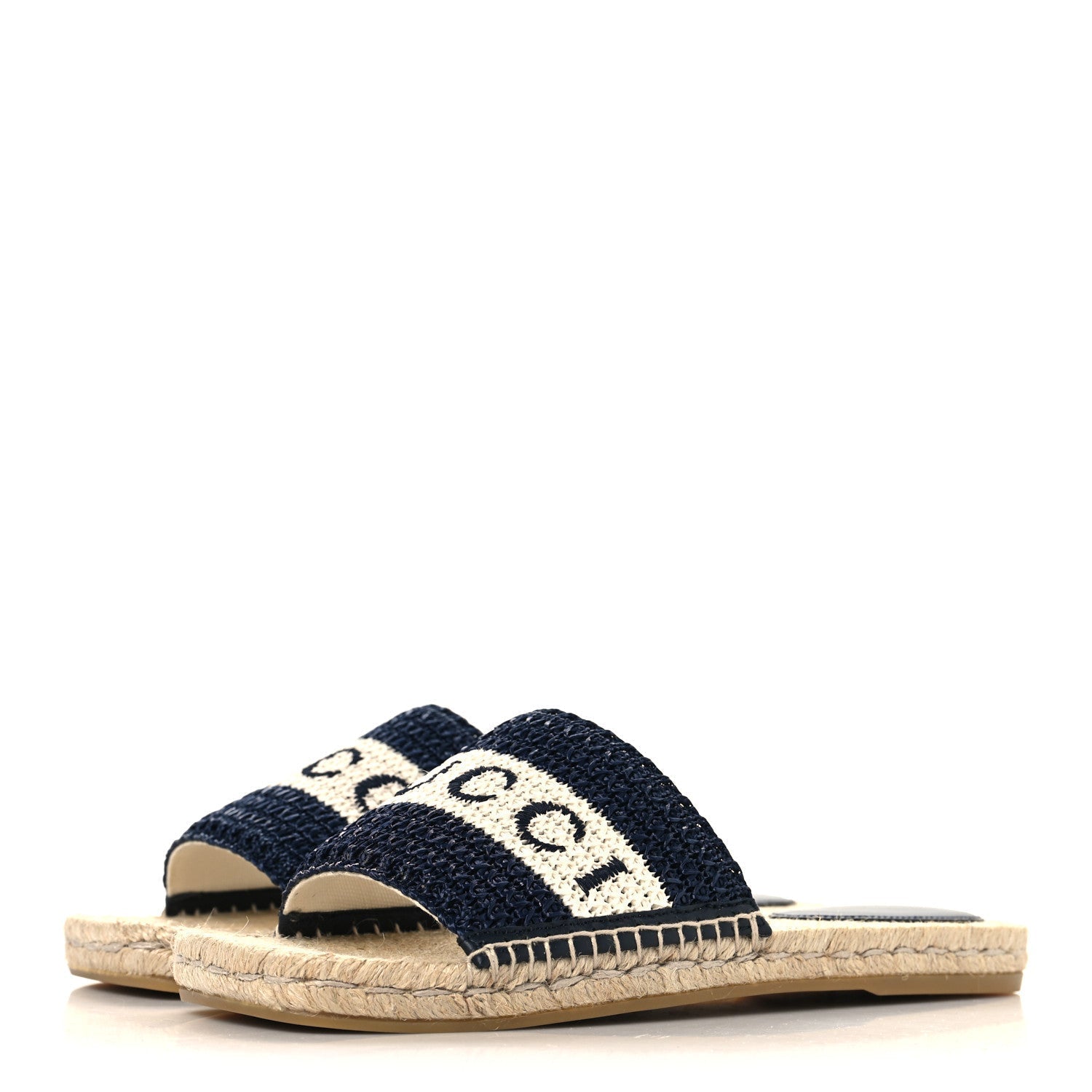 MACROCHET RAFFIA LOGO FLAT SLIDE ESPADRILLE SANDALS BLUE GREAT WHITE