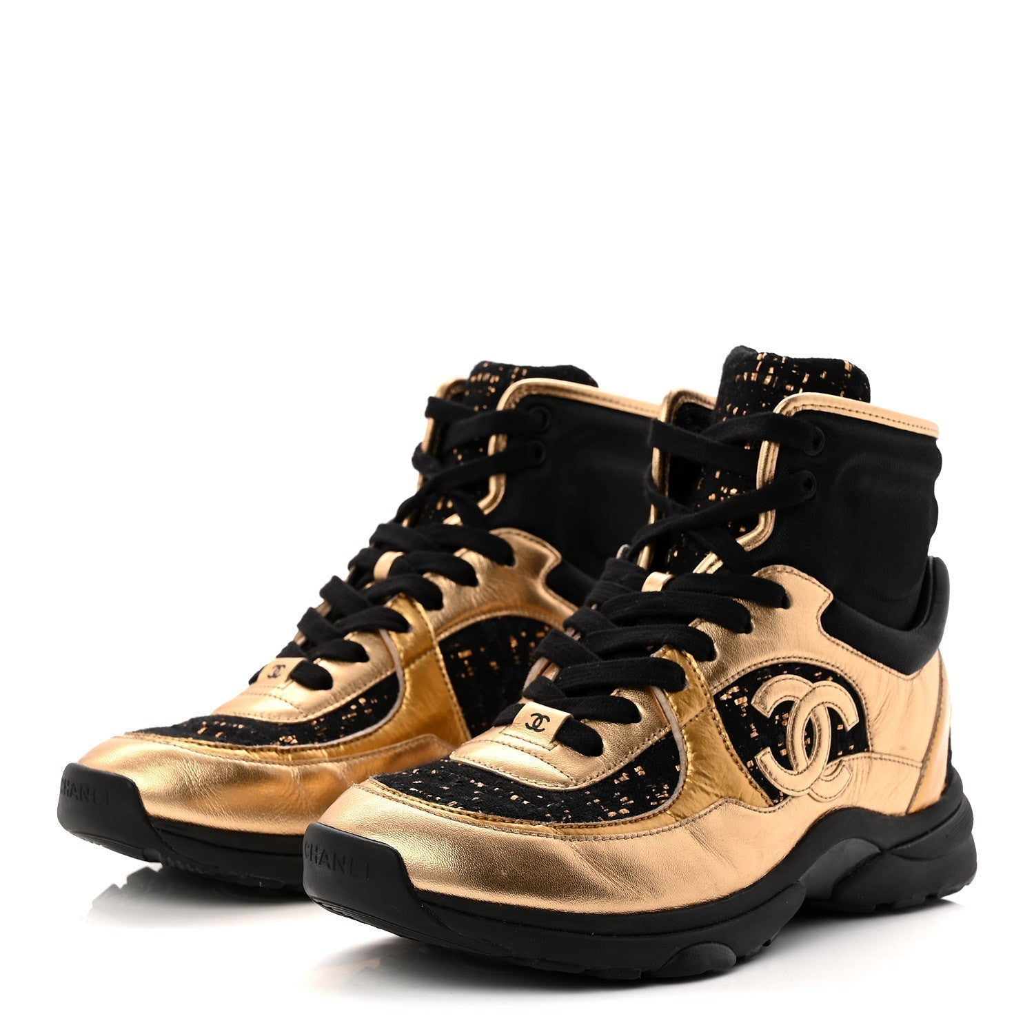 SATIN LAMBSKIN FABRIC TWEED CC HIGH TOP SNEAKERS BLACK GOLD