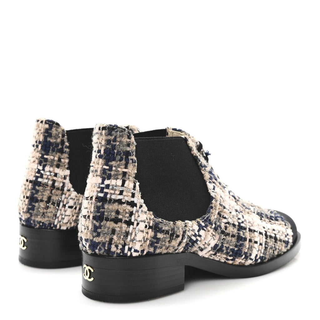 TWEED CALFSKIN PEARL COMBAT SHORT BOOTS BEIGE PINK BLACK