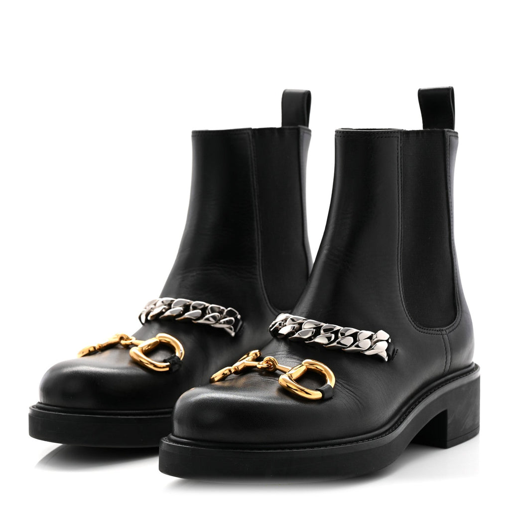 FLORES CALFSKIN HORSEBIT CHAIN ANKLE BOOTS BLACK