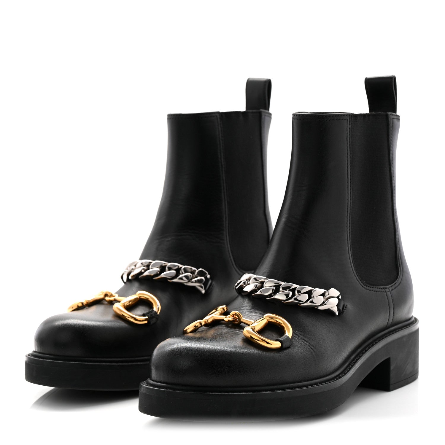 FLORES CALFSKIN HORSEBIT CHAIN ANKLE BOOTS BLACK